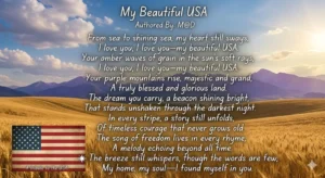 The patriotic poem "My Beautiful USA" by M@D overlaid on a scenic background of golden wheat fields, majestic purple mountains, and an American flag graphics card.