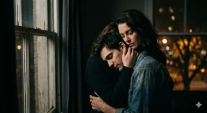 Two lovers in a dark, intimate room, one resting their head on the other’s chest under soft moonlight, capturing a quiet and emotional moment of deep romantic connection.