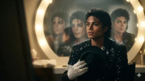 Jaafar Jackson as Michael Jackson in the movie Michael, reflecting the King of Pop's legendary stage presence and legacy