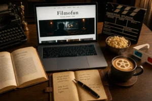 Filmofun global cultural journalism blog banner featuring a laptop, literary novel, cinematic elements, and poetry journal.