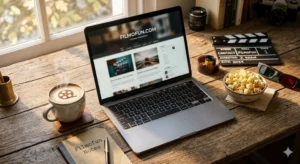 Filmofun movie blog contact page feature image with laptop, coffee, and popcorn.
