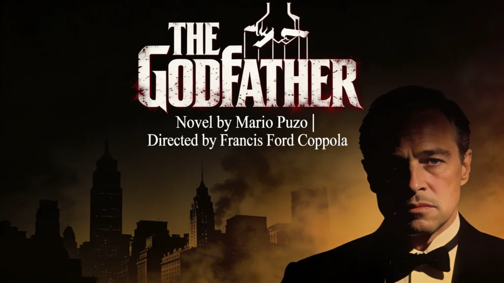 A gritty cinematic poster for decoding The Godfather featuring the movie title in a distressed font with the author and director names.