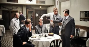 An intense, dimly lit vintage Italian restaurant scene capturing the cinematic tension before the iconic hit in decoding The Godfather.