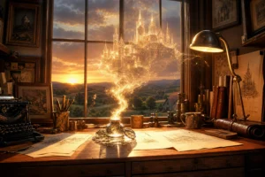 A vintage animator's desk with golden magic dust forming a castle, representing the Disney Century of Magic.