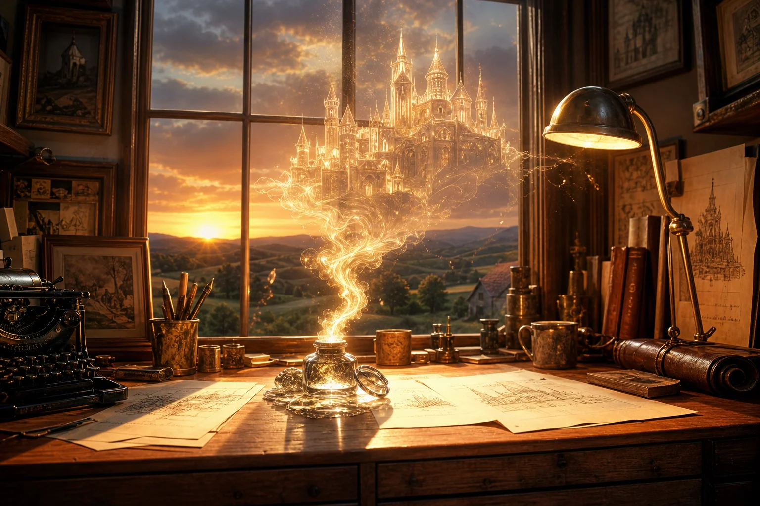 A vintage animator's desk with golden magic dust forming a castle, representing the Disney Century of Magic.