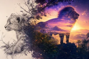 Double-exposure digital art showing a mouse ink sketch transitioning into a vibrant lion silhouette in a jungle sunrise.