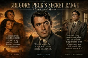 A collage of Gregory Peck in three iconic roles: as Lewt McCanles in Duel in the Sun, Atticus Finch in To Kill a Mockingbird, and Jimmy Ringo in The Gunfighter.