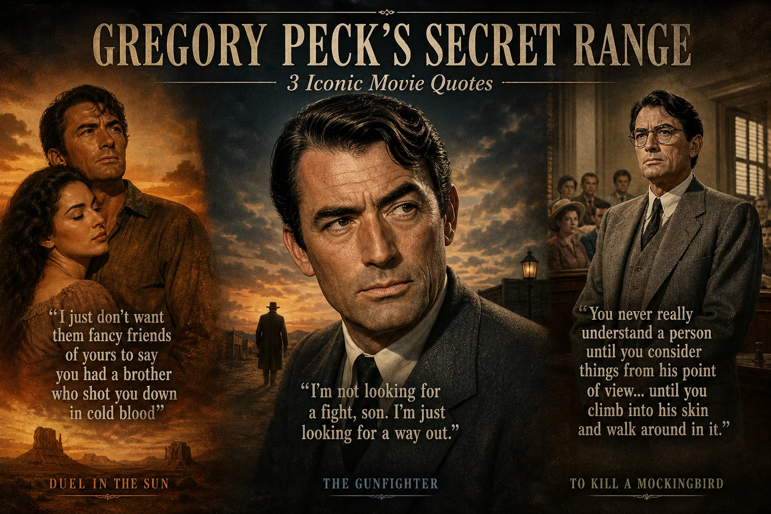A collage of Gregory Peck in three iconic roles: as Lewt McCanles in Duel in the Sun, Atticus Finch in To Kill a Mockingbird, and Jimmy Ringo in The Gunfighter.
