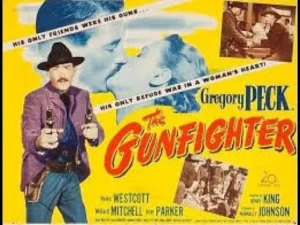 Gregory Peck as Jimmy Ringo in The Gunfighter 1950, showing a weary and tired expression of a veteran gunslinger.