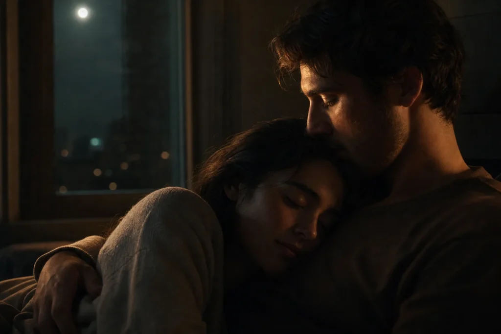 Two lovers in a quiet, dark room, one resting their head on the other’s chest under soft moonlight, capturing a deeply emotional and poetic moment of silent love and connection.