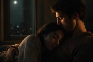 Two lovers in a quiet, dark room, one resting their head on the other’s chest under soft moonlight, capturing a deeply emotional and poetic moment of silent love and connection.
