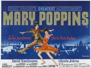 A cinematic and dreamy illustration exploring the hidden meaning of Mary Poppins with the 1964 classic film title floating above a heavenly London skyline.