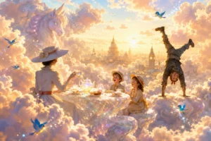 A bright, heavenly cloud tea party scene illustrating the symbolic themes and true message of the 1964 Disney film.