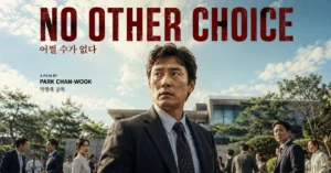Stylized No Other Choice Park Chan-wook AI analysis illustration of Man Soo, a displaced Korean worker, reflecting on job loss and human identity in a modern tech-driven world