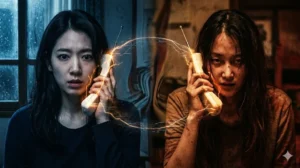The Call movie review scene analysis showing a split-screen face-off between the main characters Seo-yeon and the unhinged serial killer Young-sook as they speak across time on a retro 1990s cordless phone.