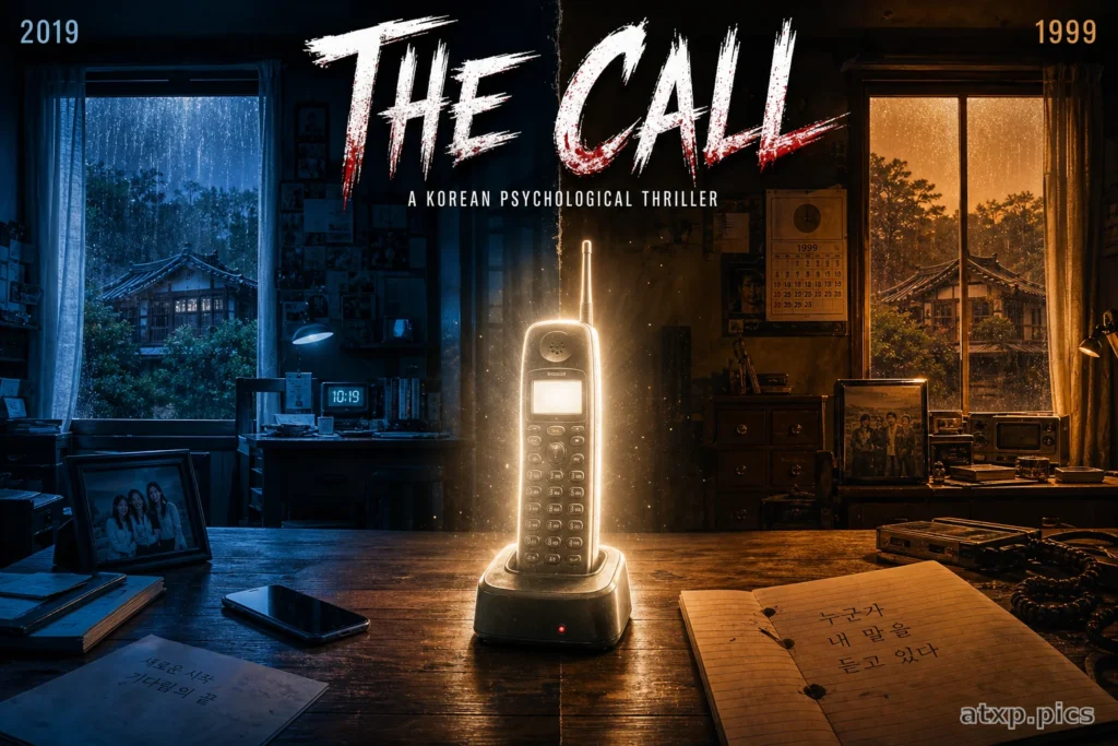 The Call movie review featured image showing a tense split-screen of Seo-yeon in a dark blue room and a terrifying, unhinged Young-sook in an amber room, both holding a glowing cordless phone that connects 1999 and 2019 in the South Korean psychological horror film.