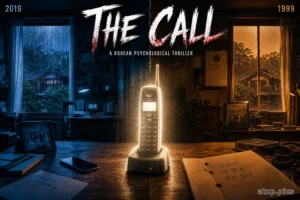 The Call movie review featured image showing a tense split-screen of Seo-yeon in a dark blue room and a terrifying, unhinged Young-sook in an amber room, both holding a glowing cordless phone that connects 1999 and 2019 in the South Korean psychological horror film.