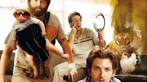 The original Wolfpack in The Hangover 2009 waking up in a wrecked Las Vegas hotel suite with Mike Tyson's tiger.
