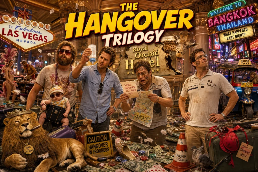 The Hangover Movie Trilogy main characters Phil, Stu, and Alan with the iconic tiger in a Las Vegas hotel suite.
