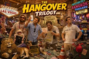 The Hangover Movie Trilogy main characters Phil, Stu, and Alan with the iconic tiger in a Las Vegas hotel suite.