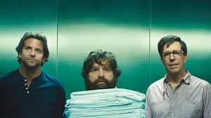 Phil, Alan, and Stu in an elevator during a high-stakes mission in The Hangover Part III.