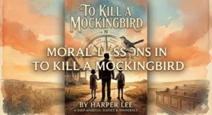 Detailed illustration for To Kill a Mockingbird feature image, showing Atticus, Scout, and Jem on their porch at night with Calpurnia. The title is in decorative, gold lettering.