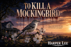 Detailed illustration for To Kill a Mockingbird feature image, showing Atticus, Scout, and Jem on their porch at night with Calpurnia. The title is in decorative, gold lettering.