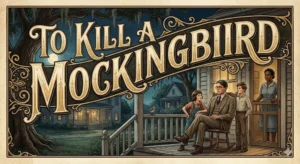 Stylized illustration of To Kill a Mockingbird characters: Atticus Finch, Scout, and Jem on their Alabama porch with Calpurnia, highlighting themes of moral education and justice