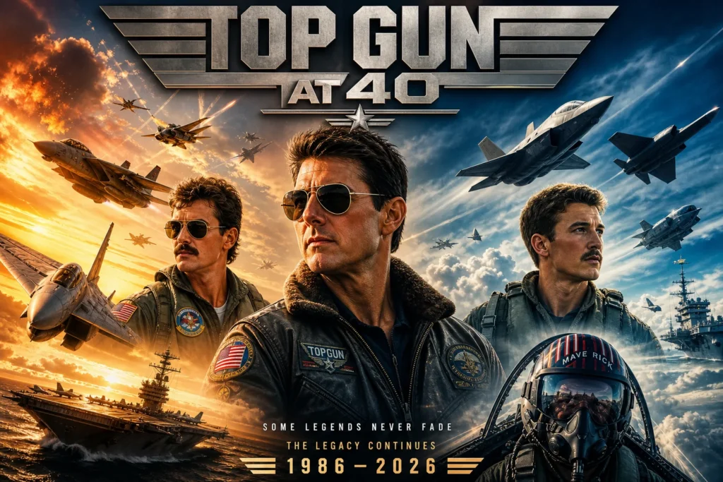 Tom Cruise as Maverick next to fighter jet in Top Gun at 40 legacy tribute.
