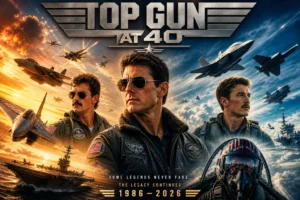 Tom Cruise as Maverick next to fighter jet in Top Gun at 40 legacy tribute.