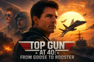 Tom Cruise and cast characters in a Top Gun at 40 graphic with the keyphrase text.