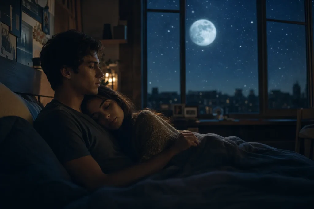 A young couple embracing in a moonlit bedroom, illustrating true intimacy