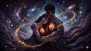 Cosmic fantasy illustration of two lovers with glowing hearts, depicting true intimacy.