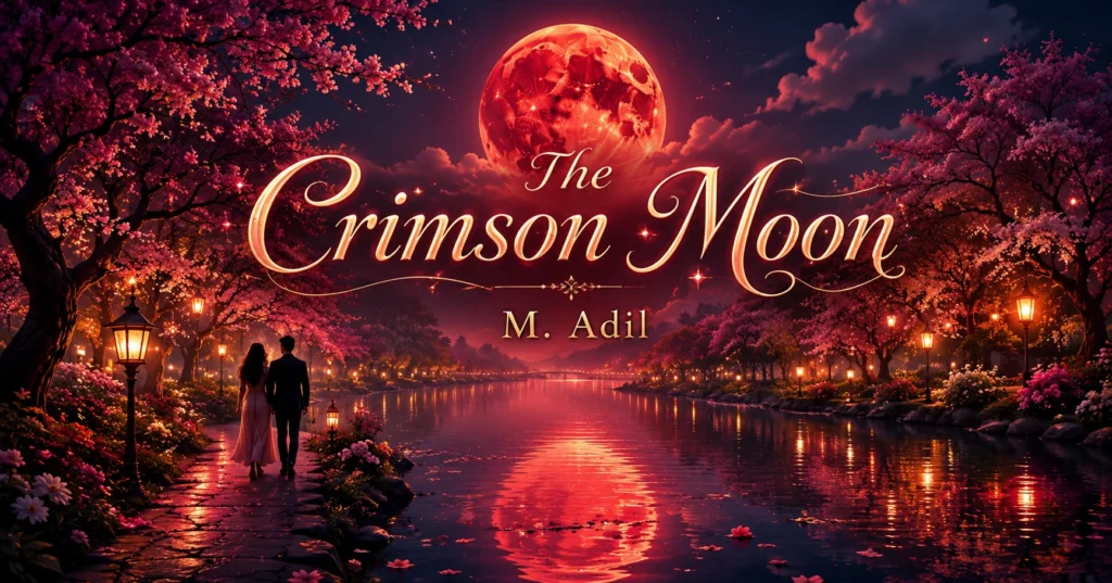 A dreamy crimson moon shines above a tranquil lake lined with flowering trees as a couple walks beneath the evening sky, with reflections glowing on the water and the title The Crimson Moon by M. Adil displayed elegantly.