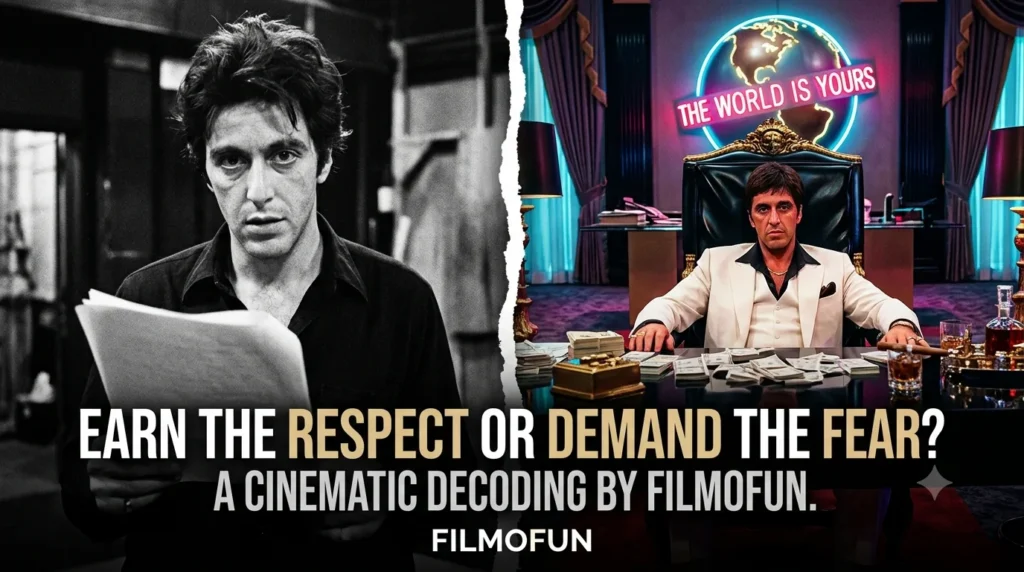 Split-screen image contrasting a young, brooding Al Pacino holding a script in black and white with Tony Montana in his white suit behind a desk in Scarface.