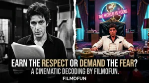 Split-screen image contrasting a young, brooding Al Pacino holding a script in black and white with Tony Montana in his white suit behind a desk in Scarface.