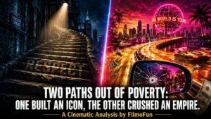 A split conceptual graphic showing a stony New York theater alleyway spotlight on the left and a golden Miami highway sunset on the right.
