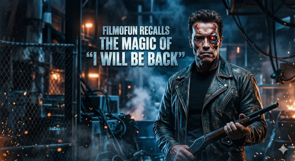 Arnold Schwarzenegger as the T-800 in Terminator 2 with text overlay for Filmofun The Greats series.