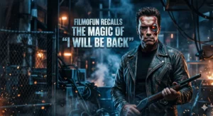 Arnold Schwarzenegger as the T-800 in Terminator 2 with text overlay for Filmofun The Greats series.