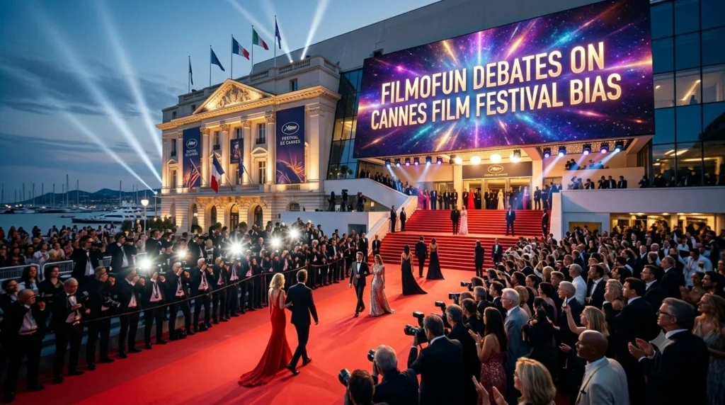 A star-studded red carpet at the Cannes Film Festival with a large digital screen displaying FilmoFun Debates on Cannes Film Festival Bias.