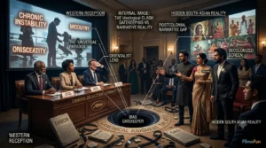 An intellectual diagram showing the Cannes selection committee filtering films through an Orientalist lens while South Asian filmmakers present their raw reality.