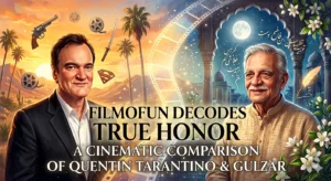 Cinematic illustration comparing Quentin Tarantino and Gulzar with bold English overlay text reading Filmofun Decodes True Honor.