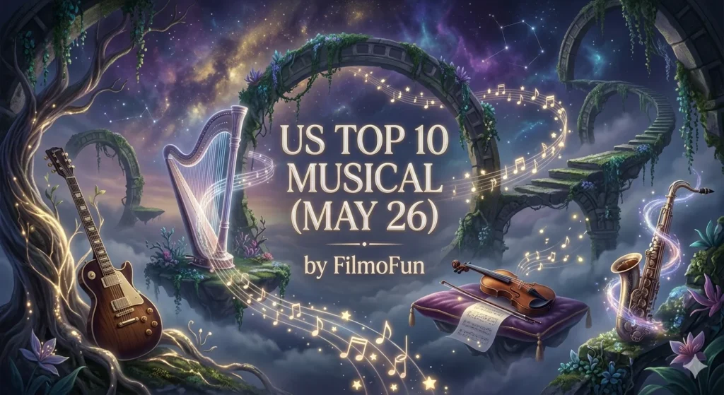 Dreamy cinematic fantasy landscape with musical instruments and text for the hottest songs on the Billboard charts in May 2026 by FilmoFun.