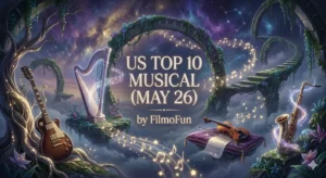 Dreamy cinematic fantasy landscape with musical instruments and text for the hottest songs on the Billboard charts in May 2026 by FilmoFun.