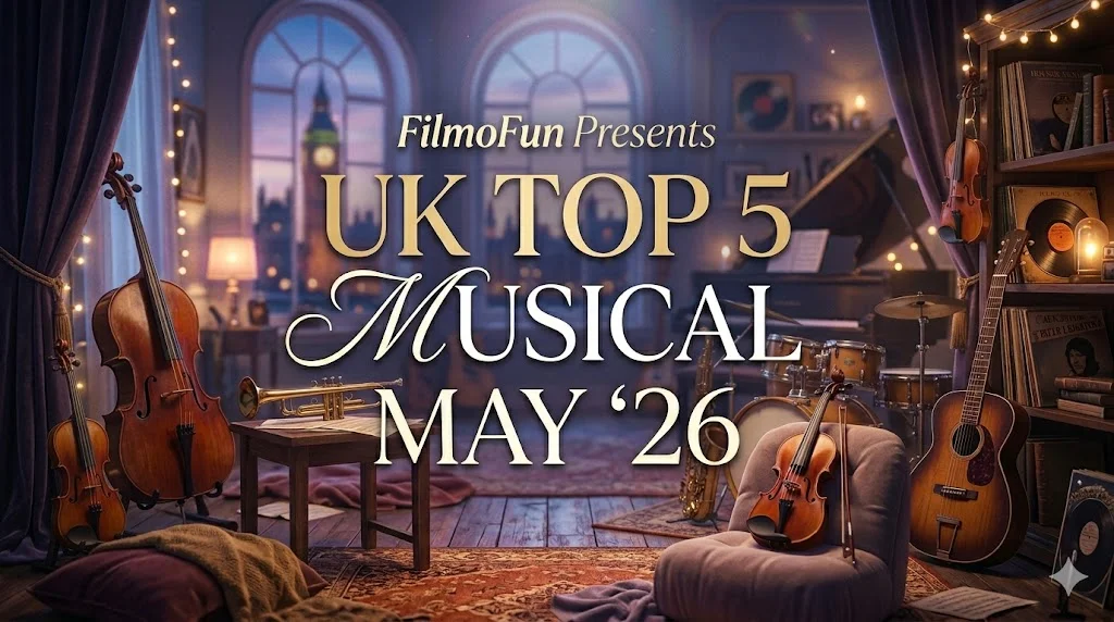 A dreamy, cinematic music room featuring a piano, drums, violins, and guitars with the text FilmoFun Presents UK Top 5 Musical May '26.