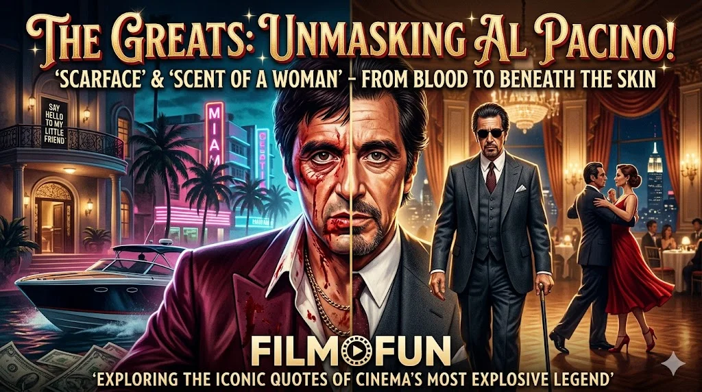Al Pacino character mashup of Scarface and Scent of a Woman featuring iconic Al Pacino quotes for FilmoFun blog entry