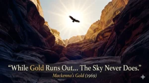 A dramatic, low-angle cinematic shot from the shadows of a deep canyon looking up at the sun. A solitary turkey buzzard is silhouetted against the bright sun. Elegant lower third text reads, 'While Gold Runs Out... The Sky Never Does.'