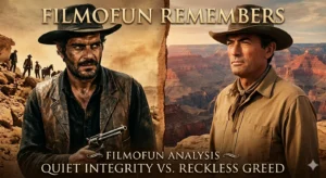 A cinematic split-screen character study from Mackenna's Gold, featuring a rugged outlaw with a revolver on the left and a resolute Gregory Peck on the right against the Grand Canyon background, with text 'Reckless Greed Vs. Quite Integrity'.