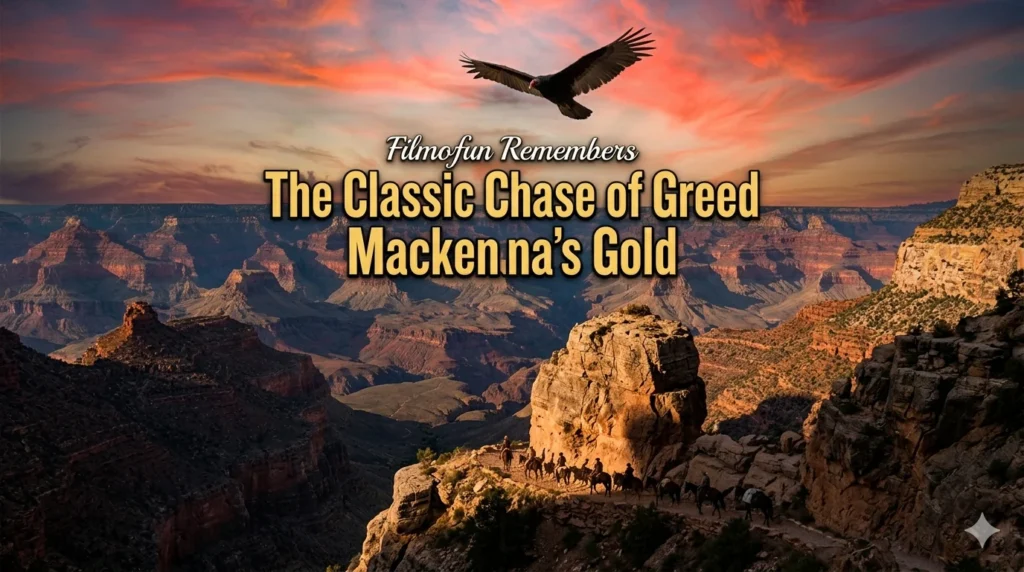 A turkey buzzard soaring high over the Grand Canyon with horsemen traveling along a rocky ridge path below, featuring text 'Filmofun Remembers The Classic Chase of Greed Mackenna’s Gold'.