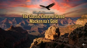 A turkey buzzard soaring high over the Grand Canyon with horsemen traveling along a rocky ridge path below, featuring text 'Filmofun Remembers The Classic Chase of Greed Mackenna’s Gold'.
